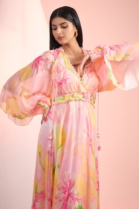 Mandira Wirk Resort_Pink Chiffon Beads V-neck Floral Printed Dress _Online_at_Aza_Fashions