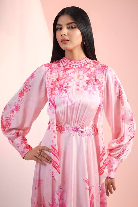 Mandira Wirk Resort_Pink Satin Round Neck Printed Designer Dress _Online_at_Aza_Fashions