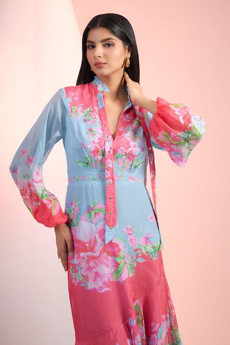 Mandira Wirk Resort Blue Chiffon Collared Floral Printed Dress Online at Aza Fashions Mandira Wirk Resort_Blue Chiffon Collared Floral Printed Dress _Online_at_Aza_Fashions