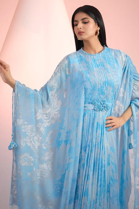 Mandira Wirk Resort_Sky Blue Chiffon Embroidery Round Neck Printed Dress _Online_at_Aza_Fashions