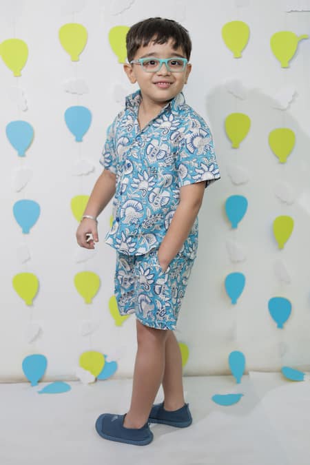 Tiny Colour_Blue Cotton Printed Shirt And Shorts Co-ord Set _Online_at_Aza_Fashions