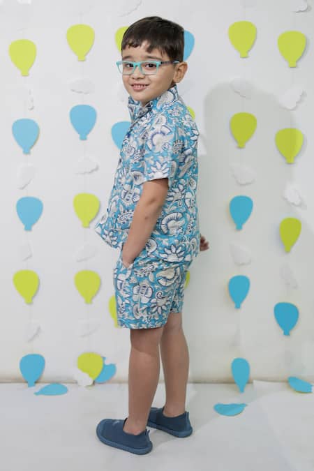 Buy_Tiny Colour_Blue Cotton Printed Shirt And Shorts Co-ord Set _Online_at_Aza_Fashions