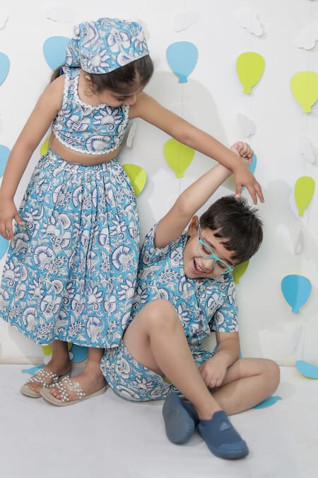 Shop_Tiny Colour_Blue Cotton Printed Shirt And Shorts Co-ord Set _Online_at_Aza_Fashions