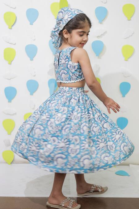 Tiny Colour_Blue Cotton Lace Printed Skirt And Crop Top Set _Online_at_Aza_Fashions