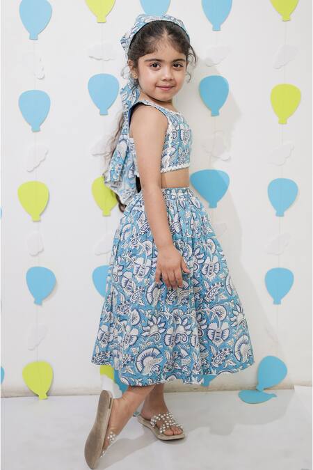 Buy_Tiny Colour_Blue Cotton Lace Printed Skirt And Crop Top Set _Online_at_Aza_Fashions