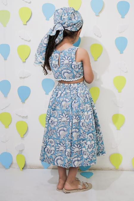 Tiny Colour Blue Printed Skirt & Crop Top Set 