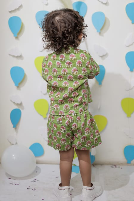 Tiny Colour Green Printed Shirt & Shorts Co-ord Set 