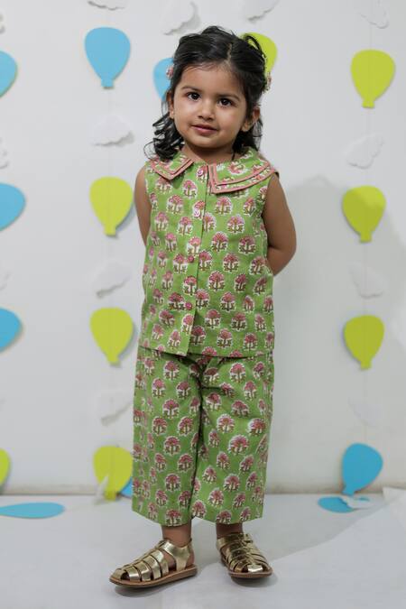 Tiny Colour_Green Cotton Printed Shirt And Trouser Co-ord Set _Online_at_Aza_Fashions