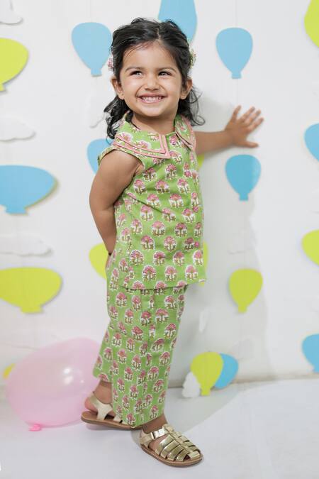 Buy_Tiny Colour_Green Cotton Printed Shirt And Trouser Co-ord Set _Online_at_Aza_Fashions