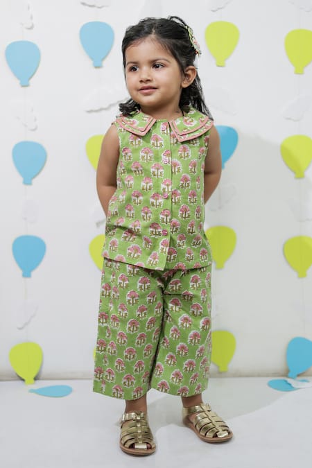Tiny Colour Green Cotton Printed Shirt And Trouser Co-ord Set 