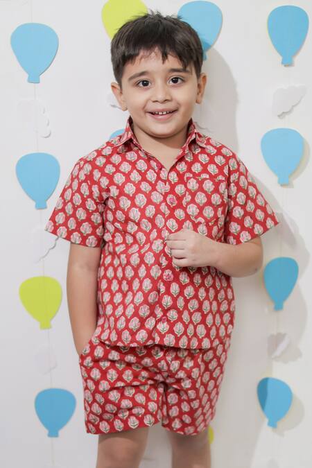 Tiny Colour_Red Cotton Printed Shirt And Shorts Co-ord Set _at_Aza_Fashions
