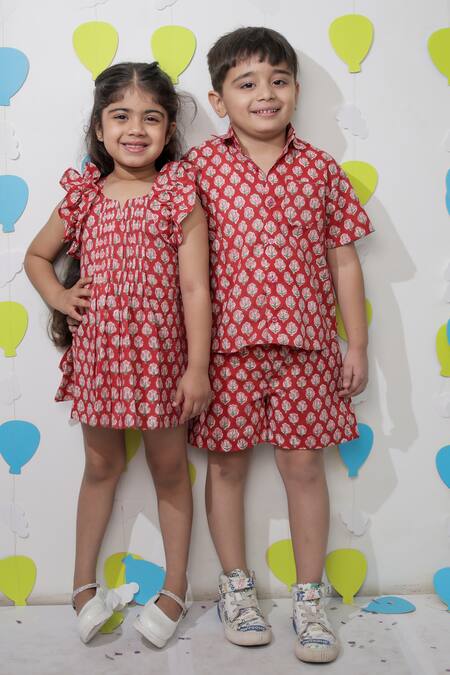 Buy_Tiny Colour_Red Cotton Printed Shirt And Shorts Co-ord Set 