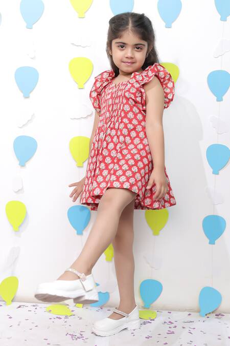 Shop_Tiny Colour_Red Cotton Printed Dress _Online_at_Aza_Fashions