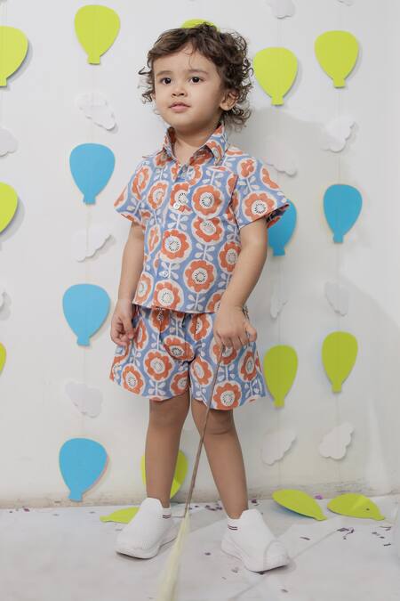 Buy_Tiny Colour_Blue Cotton Orange Printed Shirt And Shorts Co-ord Set _Online_at_Aza_Fashions