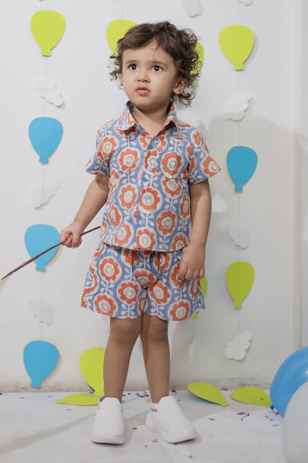 Tiny Colour Blue Cotton Orange Printed Shirt And Shorts Co-ord Set 