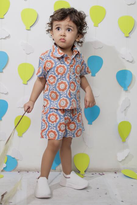 Shop_Tiny Colour_Blue Cotton Orange Printed Shirt And Shorts Co-ord Set _Online_at_Aza_Fashions