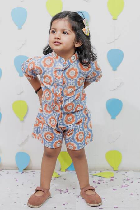 Tiny Colour_Blue Cotton Orange Printed Shirt And Shorts Co-ord Set _Online_at_Aza_Fashions