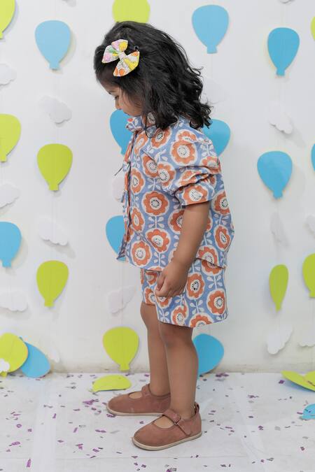 Buy_Tiny Colour_Blue Cotton Orange Printed Shirt And Shorts Co-ord Set _Online_at_Aza_Fashions