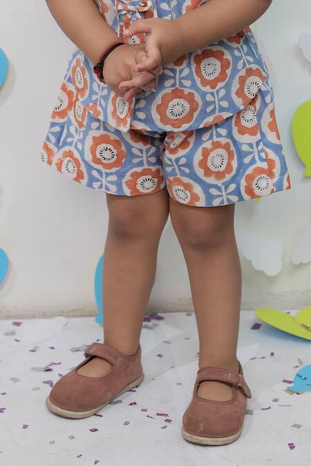 Tiny Colour_Blue Cotton Orange Printed Shirt And Shorts Co-ord Set _at_Aza_Fashions
