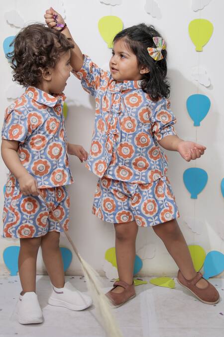 Shop_Tiny Colour_Blue Cotton Orange Printed Shirt And Shorts Co-ord Set 