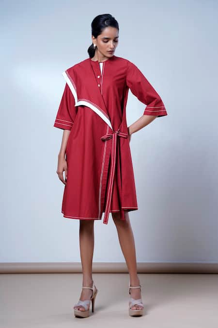 Madder Much Red Cotton Round Neck Brick Modern Angle Dress 