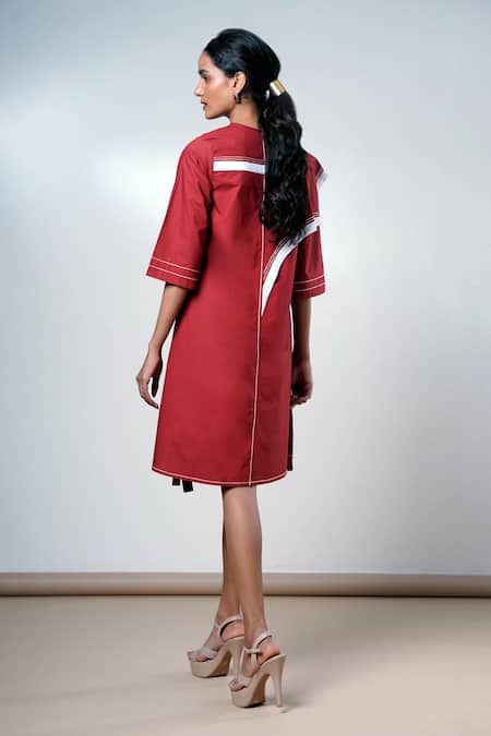 Shop Madder Much Red Cotton Round Neck Brick Modern Angle Dress at Aza Fashions Shop_Madder Much_Red Cotton Round Neck Brick Modern Angle Dress _at_Aza_Fashions