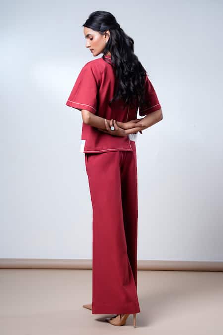 Shop Madder Much Red Cotton, Poplin Round Neck Brick Top And Pant Set at Aza Fashions Shop_Madder Much_Red Cotton, Poplin Round Neck Brick Top And Pant Set _at_Aza_Fashions