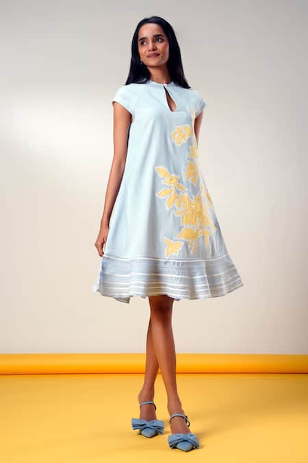 Madder Much Blue Cotton Embroidery Keyhole Neck Ice Handloom Dress 