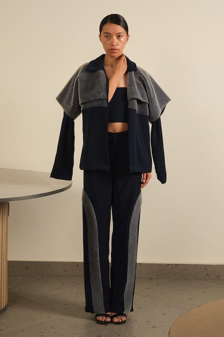 Somya Goyal Blue Viscose, Polyester Collared Night Sky Layer Jacket
