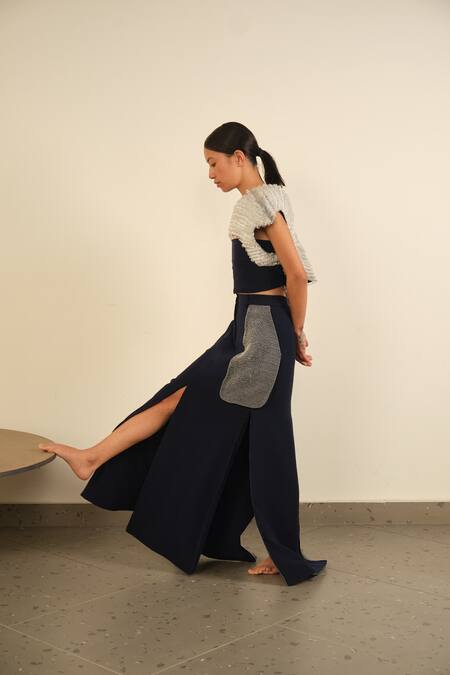 Shop_Somya Goyal_Blue Viscose, Polyester, Spandex 3d Edge Skirt _Online_at_Aza_Fashions