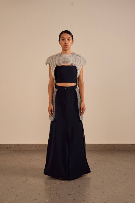 Somya Goyal_Blue Viscose, Polyester, Spandex 3d Edge Skirt _at_Aza_Fashions