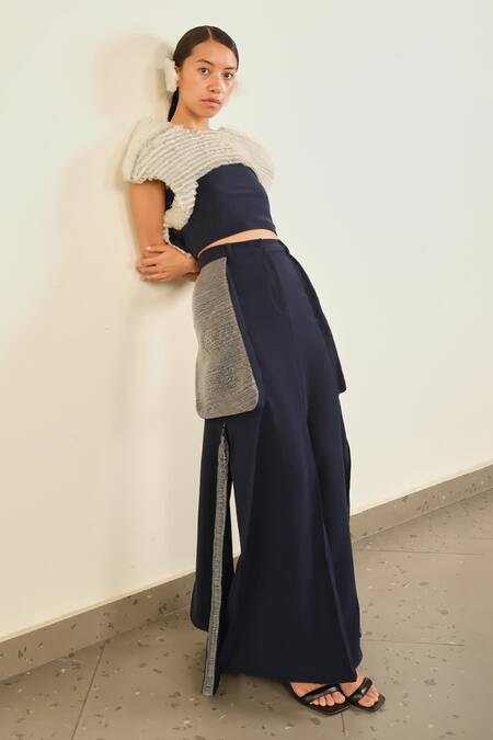 Shop_Somya Goyal_Blue Viscose, Polyester, Spandex 3d Edge Skirt 