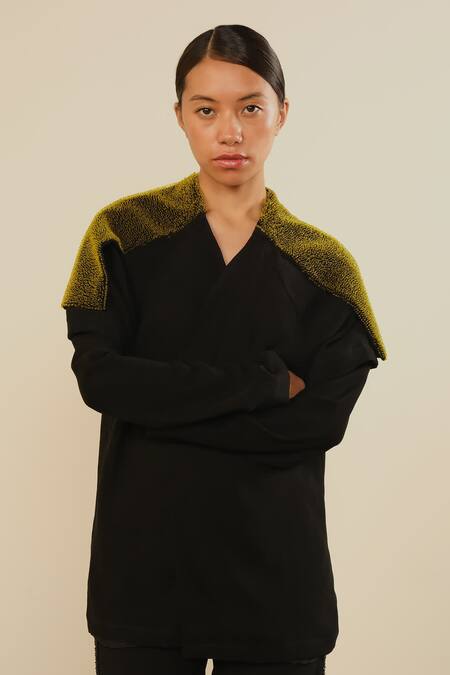 Somya Goyal_Black Viscose, Polyester, Spandex Open Neck Designer Shoulder Overlay Jacket _Online_at_Aza_Fashions