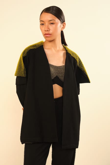 Somya Goyal Black Viscose, Polyester, Spandex Open Neck Designer Shoulder Overlay Jacket