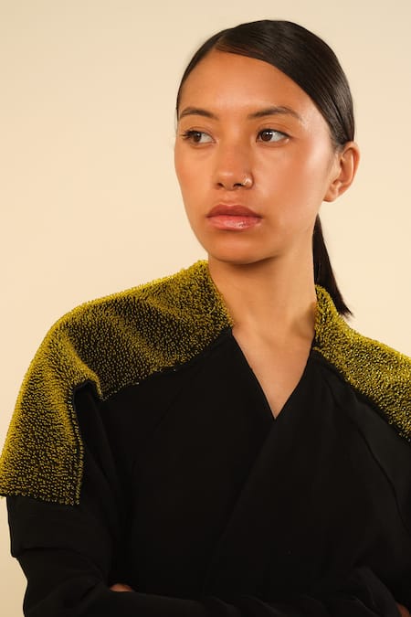 Shop_Somya Goyal_Black Viscose, Polyester, Spandex Open Neck Designer Shoulder Overlay Jacket _Online_at_Aza_Fashions