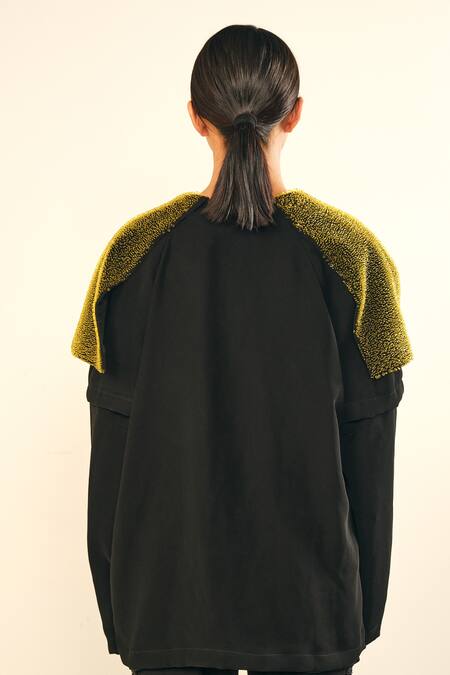 Somya Goyal_Black Viscose, Polyester, Spandex Open Neck Designer Shoulder Overlay Jacket _at_Aza_Fashions