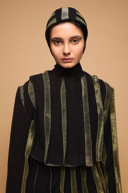 Somya Goyal_Black Viscose, Polyester, Spandex High Neck Striped Cropped Jacket _Online_at_Aza_Fashions
