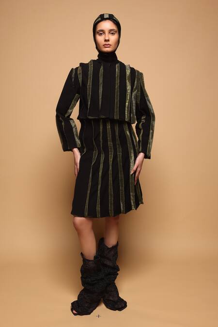 Buy_Somya Goyal_Black Viscose, Polyester, Spandex High Neck Striped Cropped Jacket _Online_at_Aza_Fashions