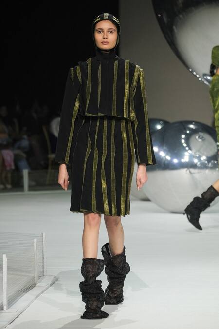 Shop_Somya Goyal_Black Viscose, Polyester, Spandex High Neck Striped Cropped Jacket _Online_at_Aza_Fashions