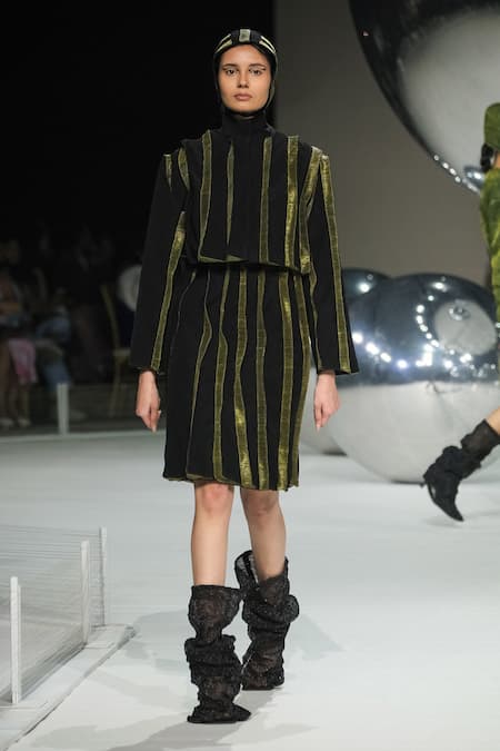 Somya Goyal Black Viscose, Polyester, Spandex Striped Skirt 
