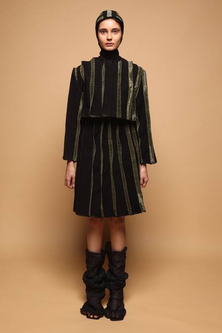 Shop_Somya Goyal_Black Viscose, Polyester, Spandex Striped Skirt 