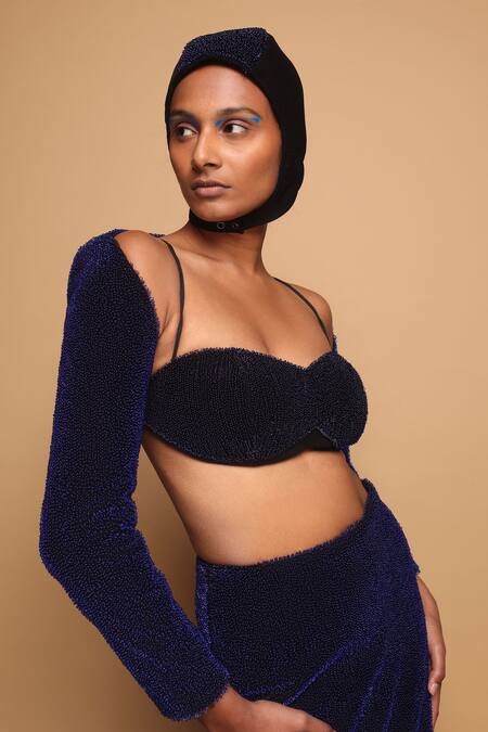 Somya Goyal_Black Viscose, Polyester, Spandex Open Neck Lumen Sleeves Overlay Jacket _Online_at_Aza_Fashions