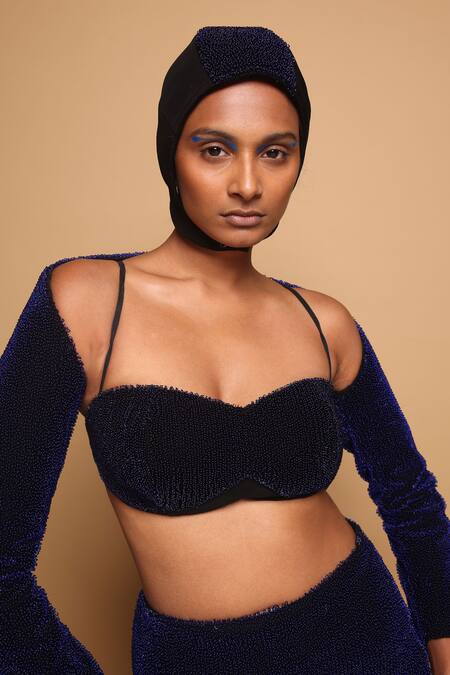 Shop_Somya Goyal_Black Viscose, Polyester, Spandex Open Neck Lumen Sleeves Overlay Jacket _Online_at_Aza_Fashions