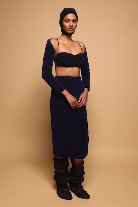 Buy_Somya Goyal_Blue Viscose, Polyester, Spandex Lumen Skirt _Online_at_Aza_Fashions