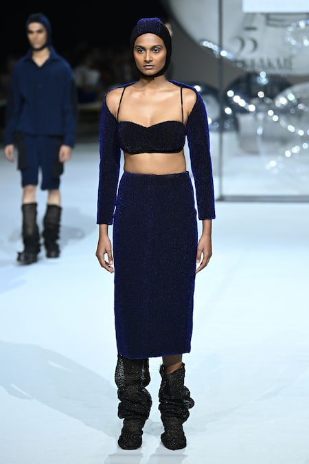 Shop_Somya Goyal_Blue Viscose, Polyester, Spandex Lumen Skirt 