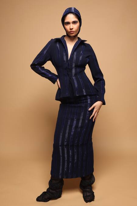 Somya Goyal_Blue Viscose, Polyester, Spandex Collared Shadowline Shacket _Online_at_Aza_Fashions