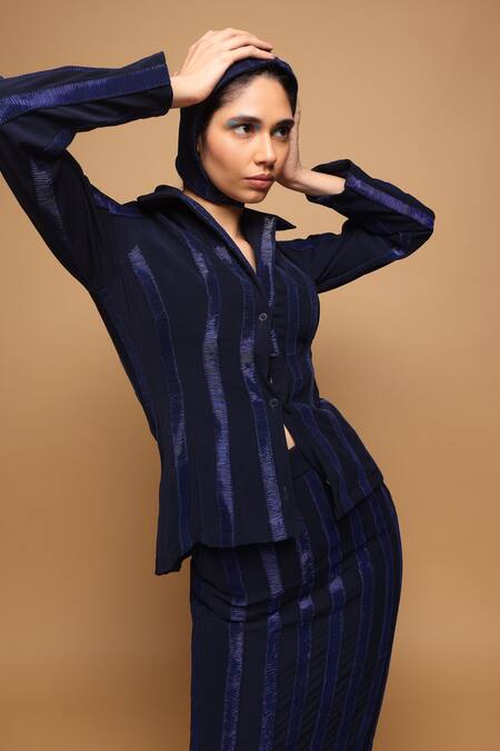 Buy_Somya Goyal_Blue Viscose, Polyester, Spandex Collared Shadowline Shacket _Online_at_Aza_Fashions