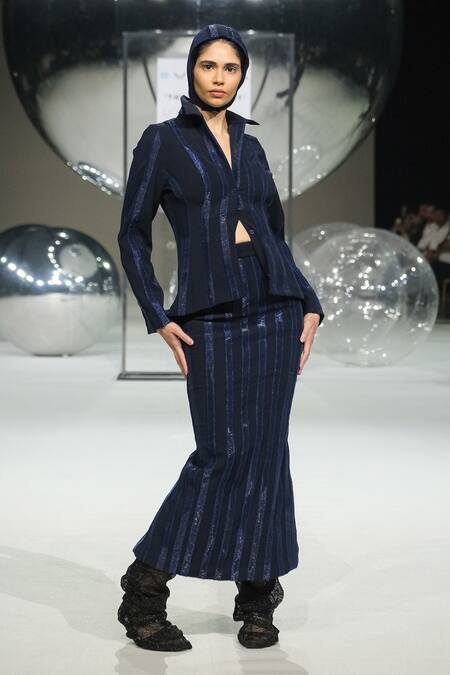 Shop_Somya Goyal_Blue Viscose, Polyester, Spandex Collared Shadowline Shacket _Online_at_Aza_Fashions