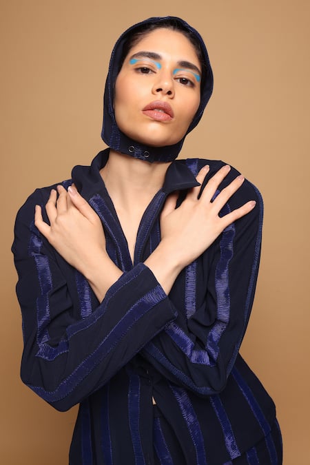 Somya Goyal_Blue Viscose, Polyester, Spandex Collared Shadowline Shacket _at_Aza_Fashions