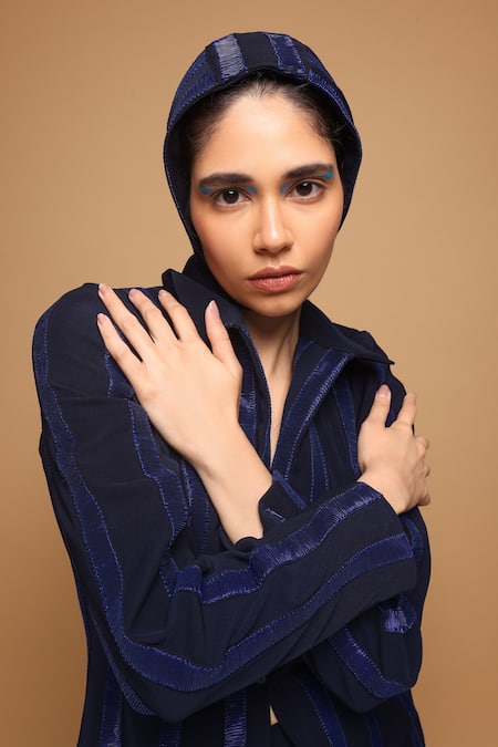 Buy_Somya Goyal_Blue Viscose, Polyester, Spandex Collared Shadowline Shacket 